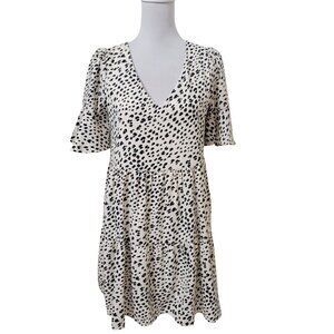 Beeson River Size S Cream, Black & Gray Animal Print Babydoll Tiered Mini Dress